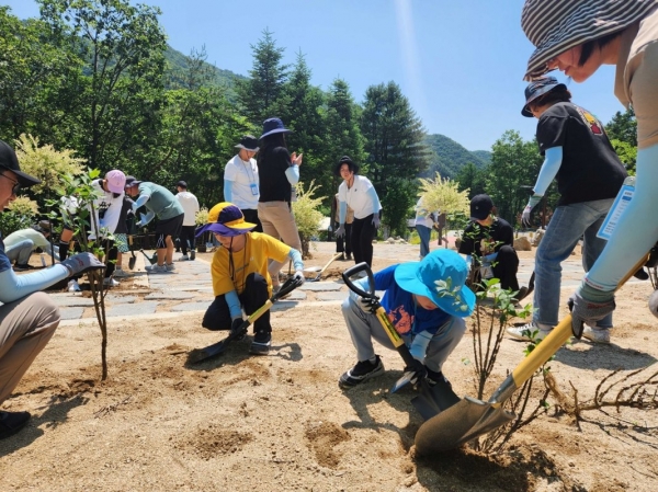 지난 17일 두나무 임직원 및 가족들이 국립춘천숲체원에서 진행된 나무심기 봉사활동에서 나무를 심고 있다.